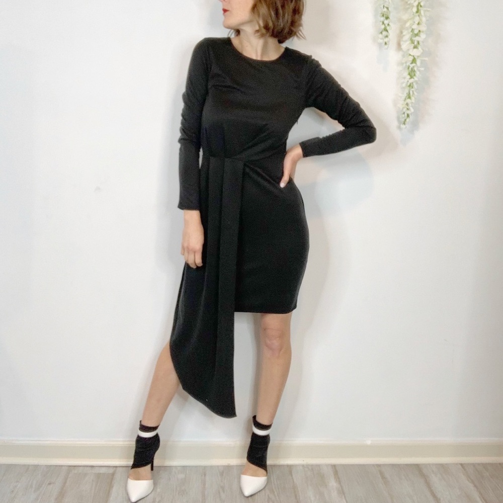 NWT BAR III black long sleeve dress asymmetrical hem draped panel 2087 - Picture 12 of 13
